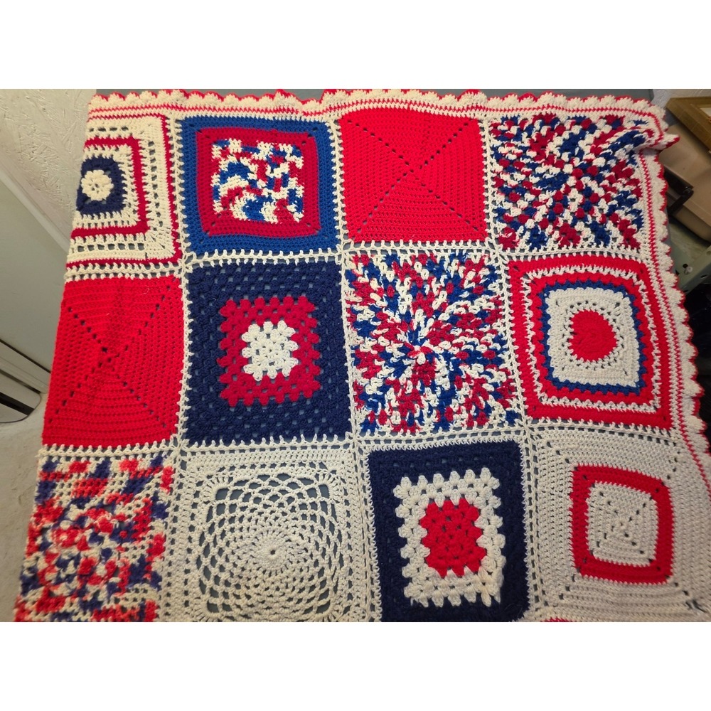 Vintage Handmade Patriotic Crochet Afghan Granny Square Red White Blue 42x48